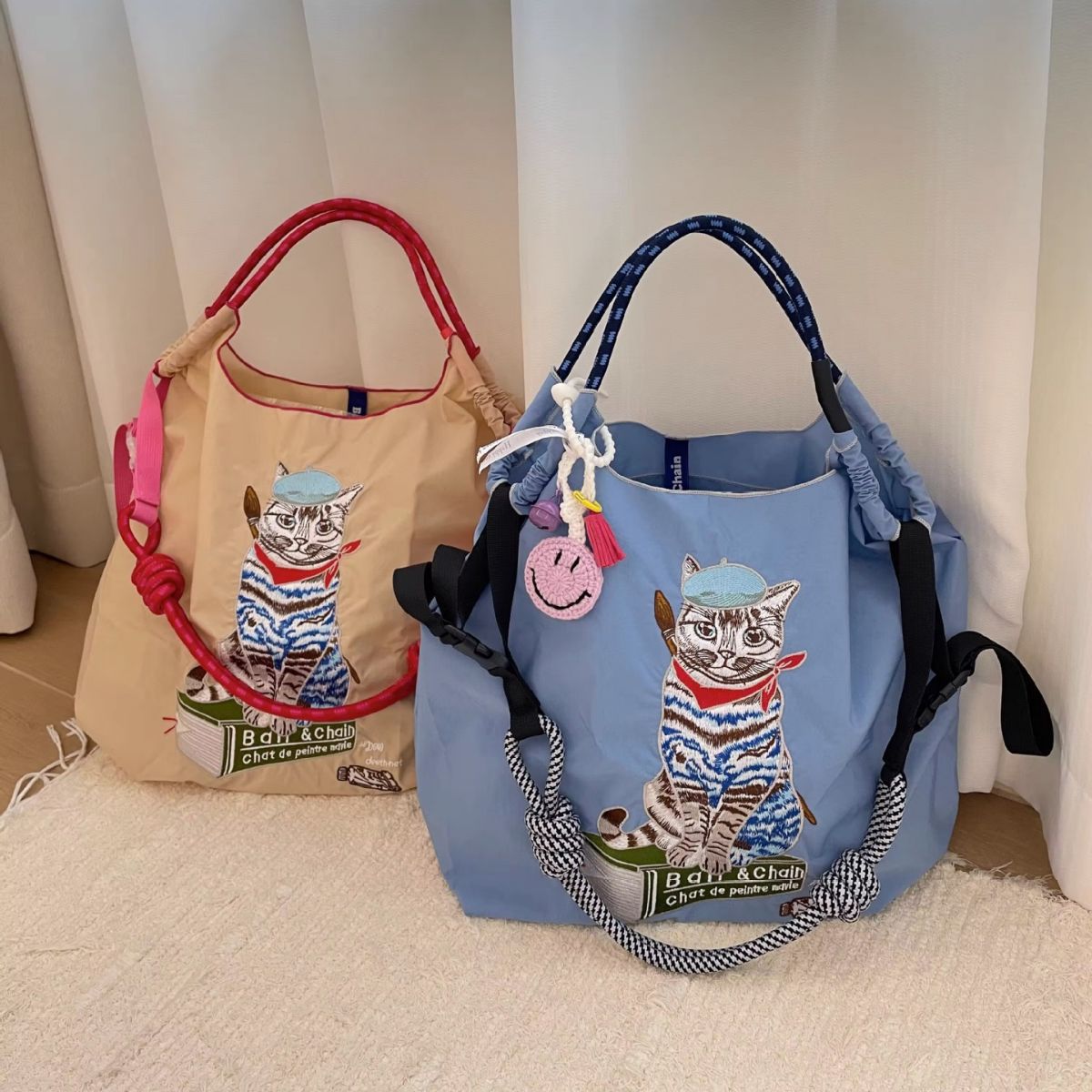 Bolsa de compras con bordado de gato de pintor japonés