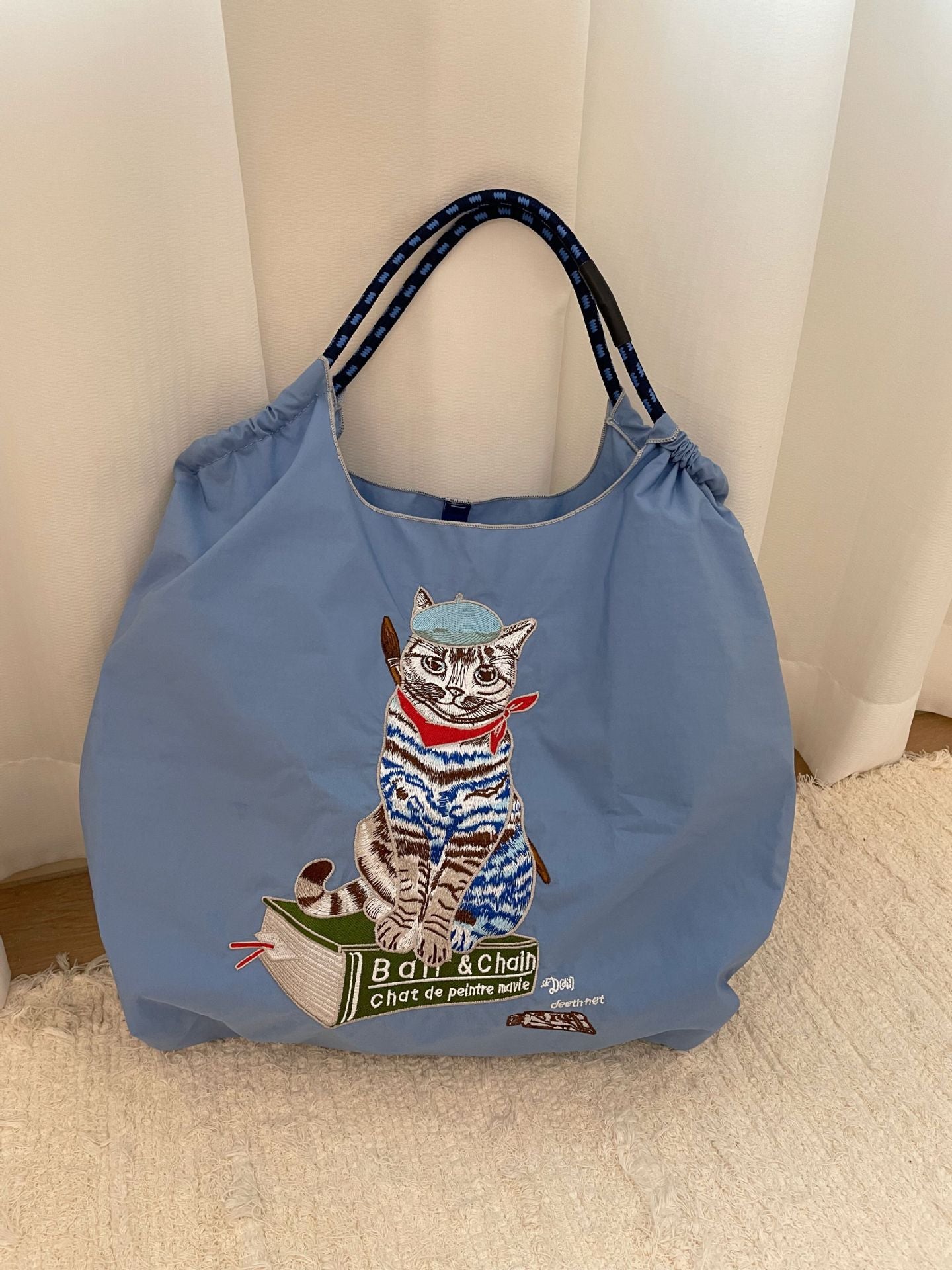 Bolsa de compras con bordado de gato de pintor japonés