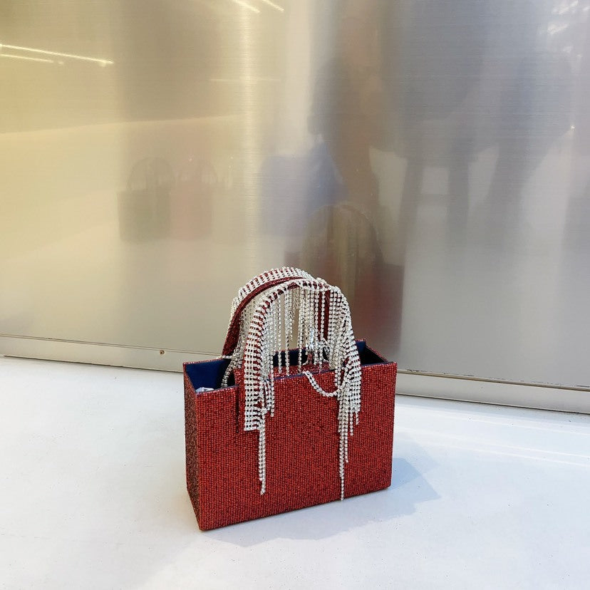 Bolso cuadrado pequeño con cadena de borlas de diamantes de imitación rojos de National Network, portátil de moda