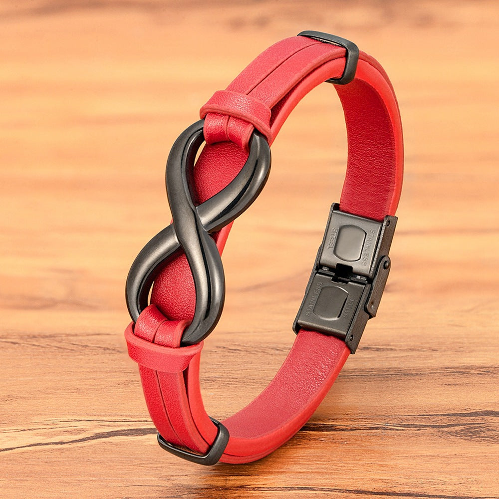 Men's Leather 8-word Stainless Steel Magnetic Snap Leather Bracelet
