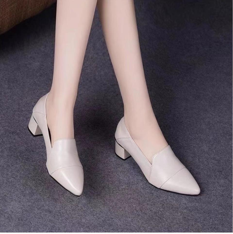 Chaussures en cuir à talon épais et bout pointu en cuir souple