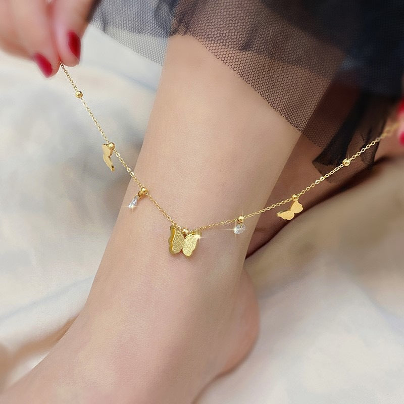 Bracelet de cheville papillon doré 18 carats plaqué en acier titane sans décoloration