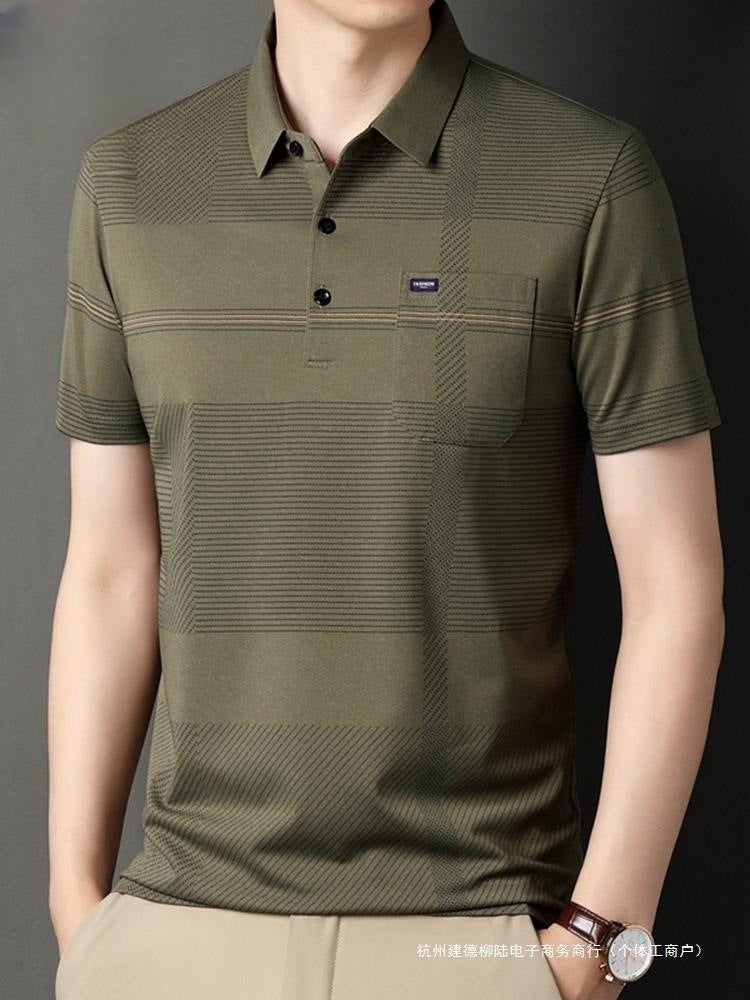 Men's Stripe Belt Lapel Short Sleeve Polo Shirt