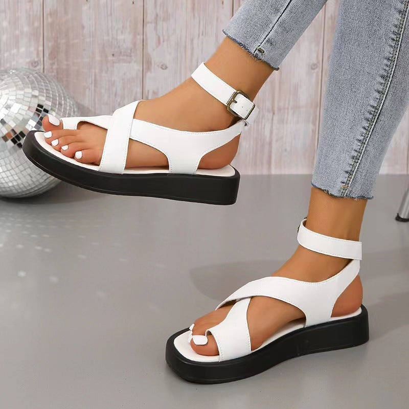 Chaussures à plateforme en polyuréthane couvrant les orteils, style romain décontracté, avec boucle en dentelle extérieure