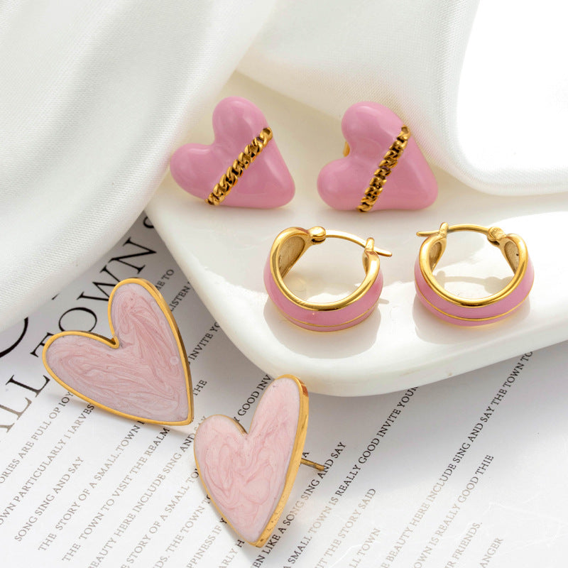 Boucles d'oreilles rondes en acier inoxydable, peinture à l'huile en acier titane, en forme de cœur