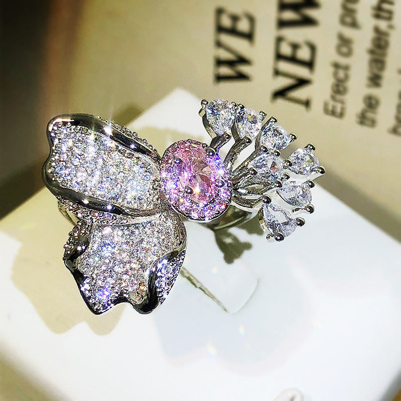 Bright Red Diamond Colored Gems Flower Ring Female Opening