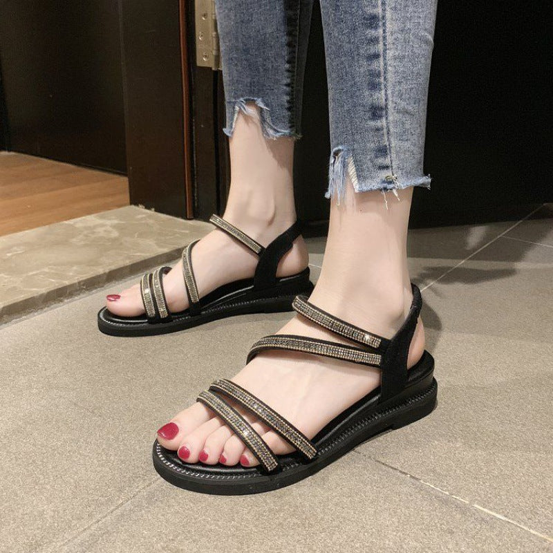 Sandales d'été décontractées pour femmes, Style coréen, plates, pour l'extérieur, strass, fée, assorties avec tout, mode, antidérapantes