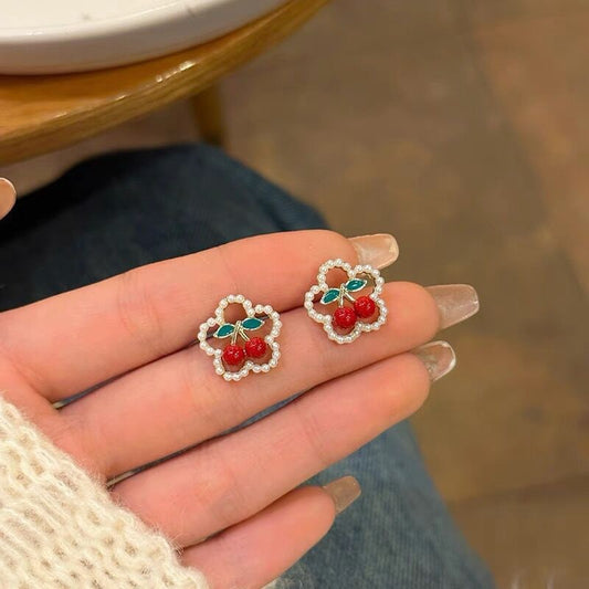 S925 Silver Needle Red Cherry Pearl Earrings Female