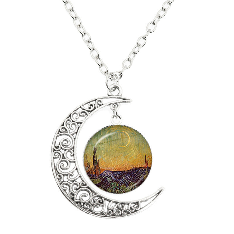 Van Gogh Starry Night Painting Moon Necklace Glass Round