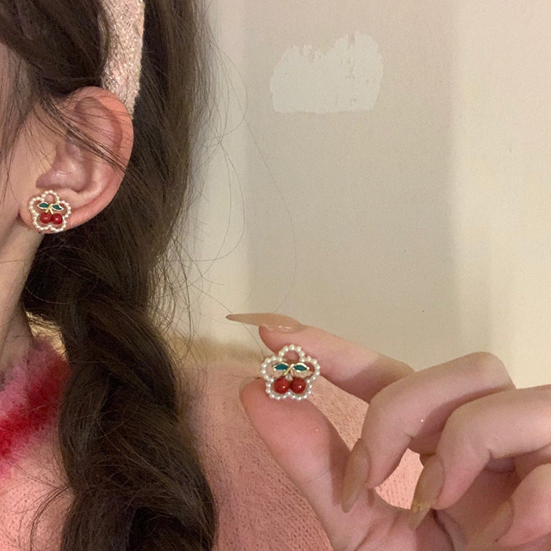 S925 Silver Needle Red Cherry Pearl Earrings Female