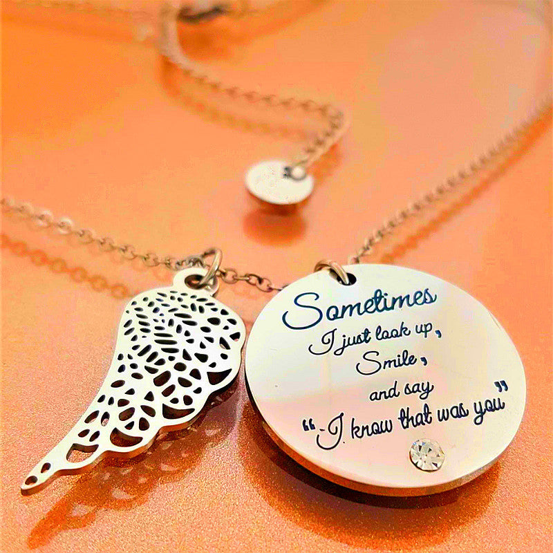Collier pendentif avec ailes d'ange et lettres en diamant rond, souhait transfrontalier, offre spéciale
