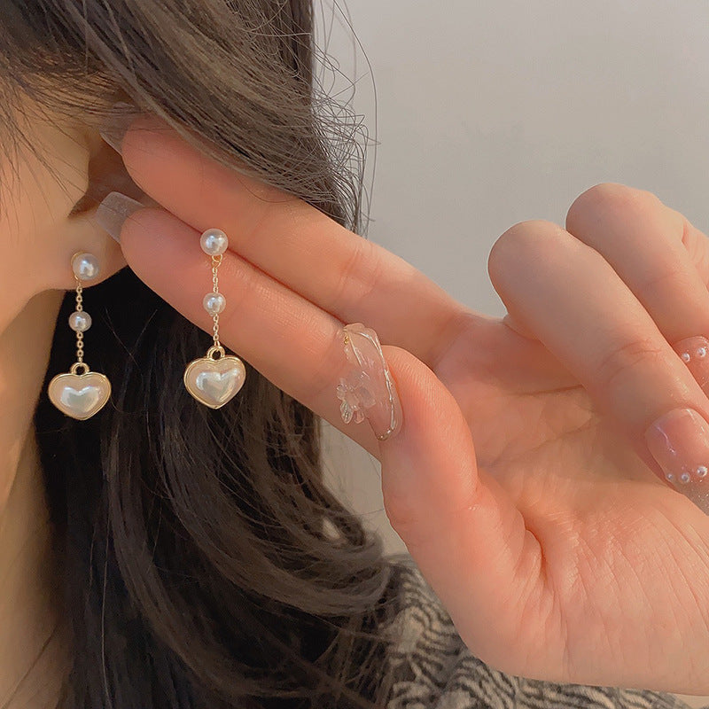 Boucles d'oreilles en argent Sterling avec perles et cœur, aiguille, conception de pompon en forme de cœur de pêche pour femme