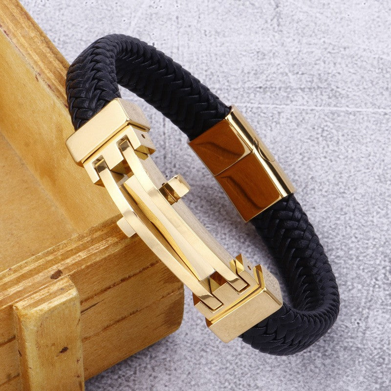 Bracelet en cuir géométrique en acier inoxydable pour hommes, personnalité de la mode