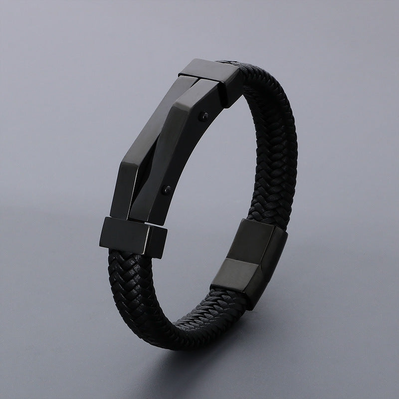 Bracelet en cuir géométrique en acier inoxydable pour hommes, personnalité de la mode