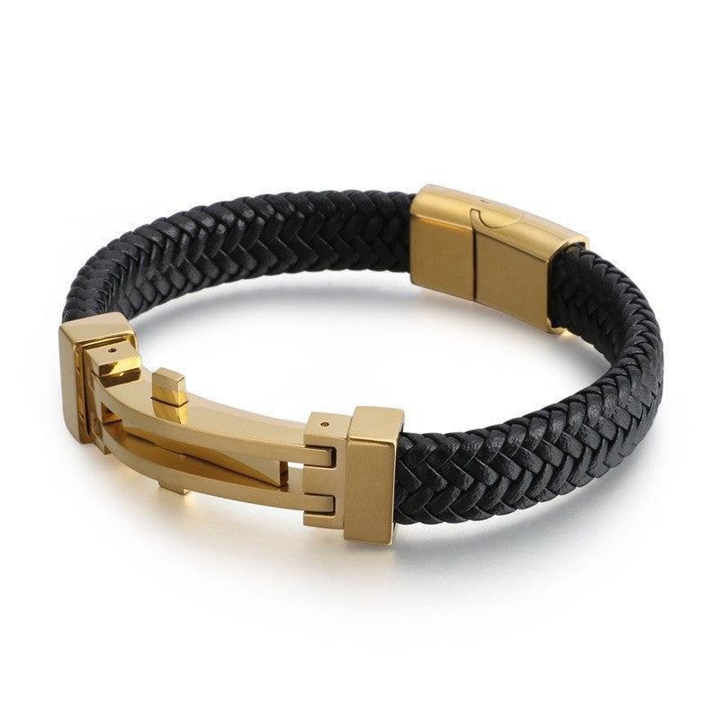 Bracelet en cuir géométrique en acier inoxydable pour hommes, personnalité de la mode