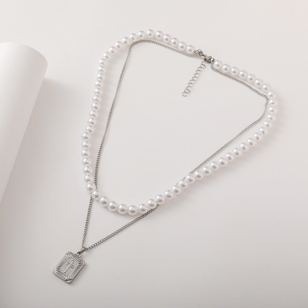 Collar con colgante de perlas de doble capa de acero inoxidable, todo fósforo, a la moda, para hombre