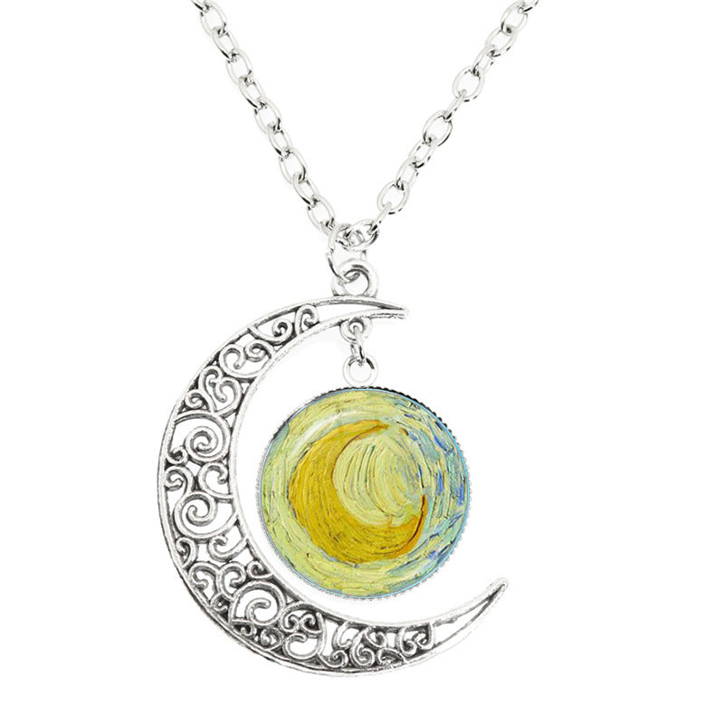 Van Gogh Starry Night Painting Moon Necklace Glass Round