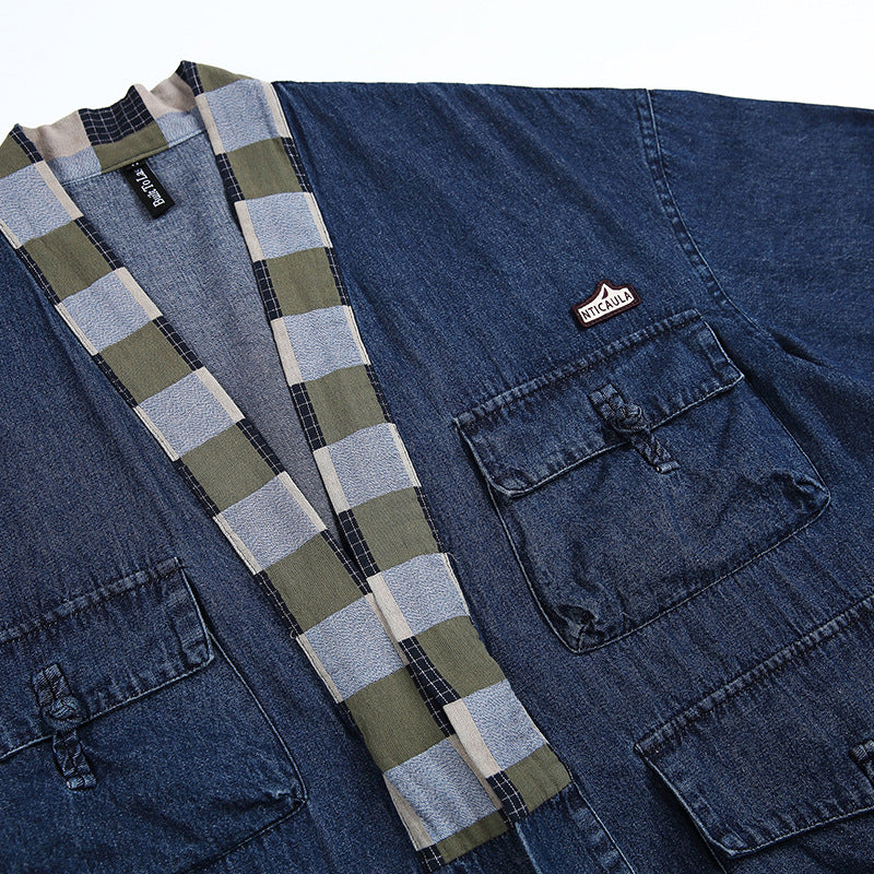 Summer New Chinese Style Multi-pocket Washed Robe Denim Coat