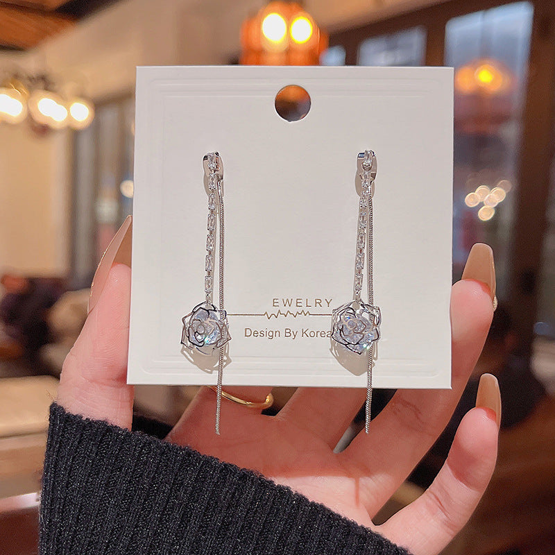 Boucles d'oreilles en zircon à longues franges et aiguille en argent