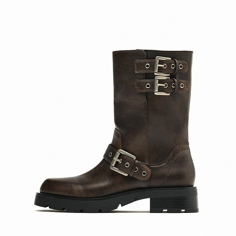 Botas Martin con tacón grueso y parte inferior gruesa, botas de moto con hebilla