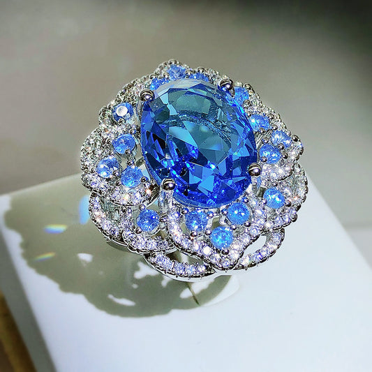 Artificial Ocean Blue Topaz Colored Gems Open Ring For Women