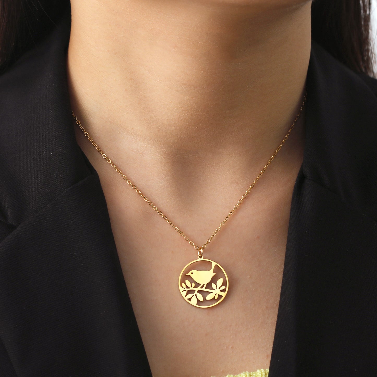 Collier rond creux Simple avec pendentif en forme d'oiseau, en acier inoxydable, branche de marque