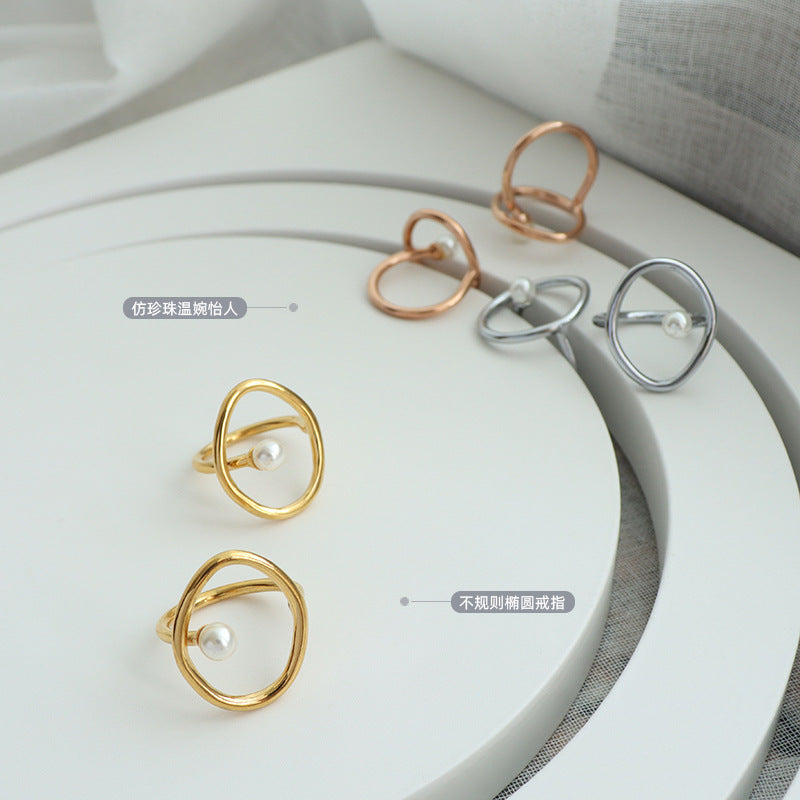 18K Gold Geometric Titanium Steel Ring  Pearl
