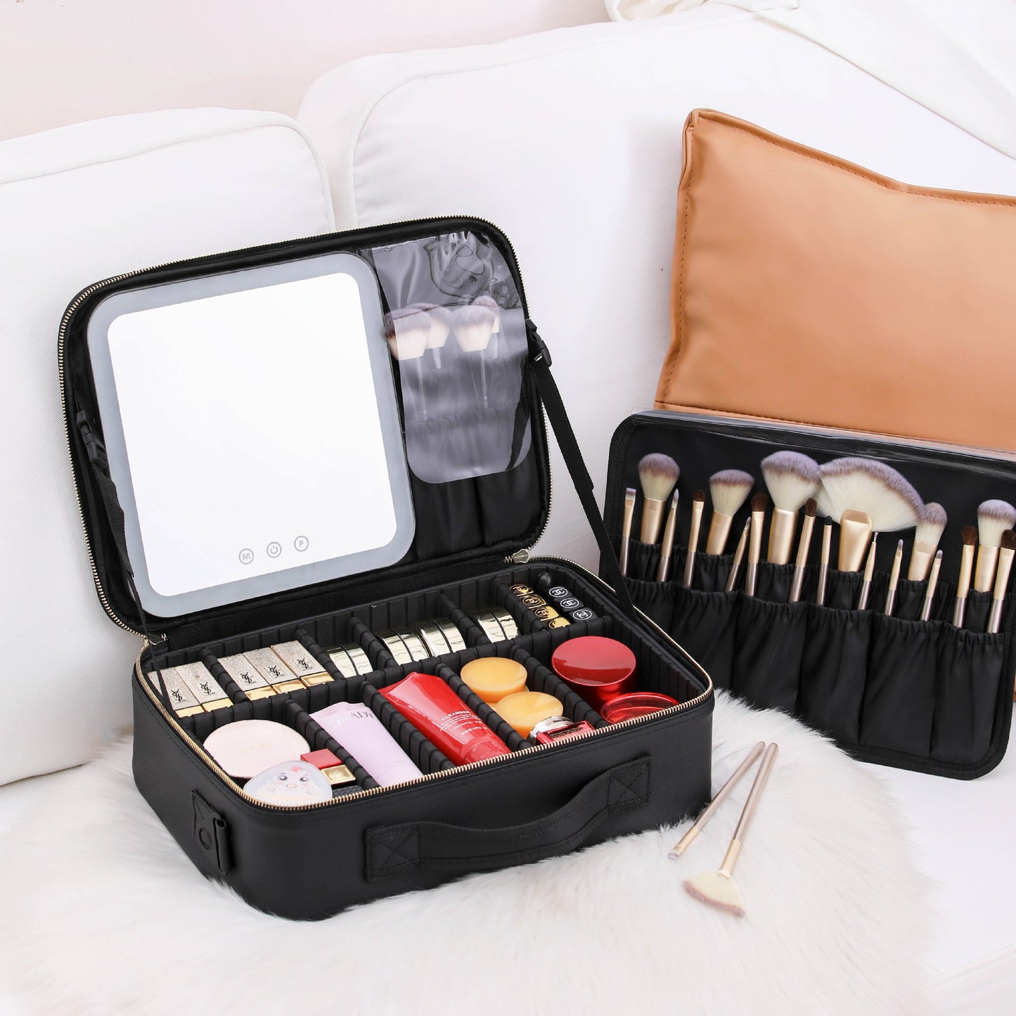 Sac de rangement de maquillage LED portable avec miroir