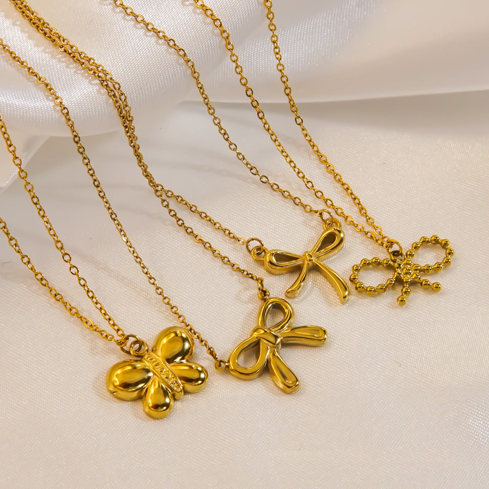Bow Stainless Steel 14K Gold Earrings Necklace