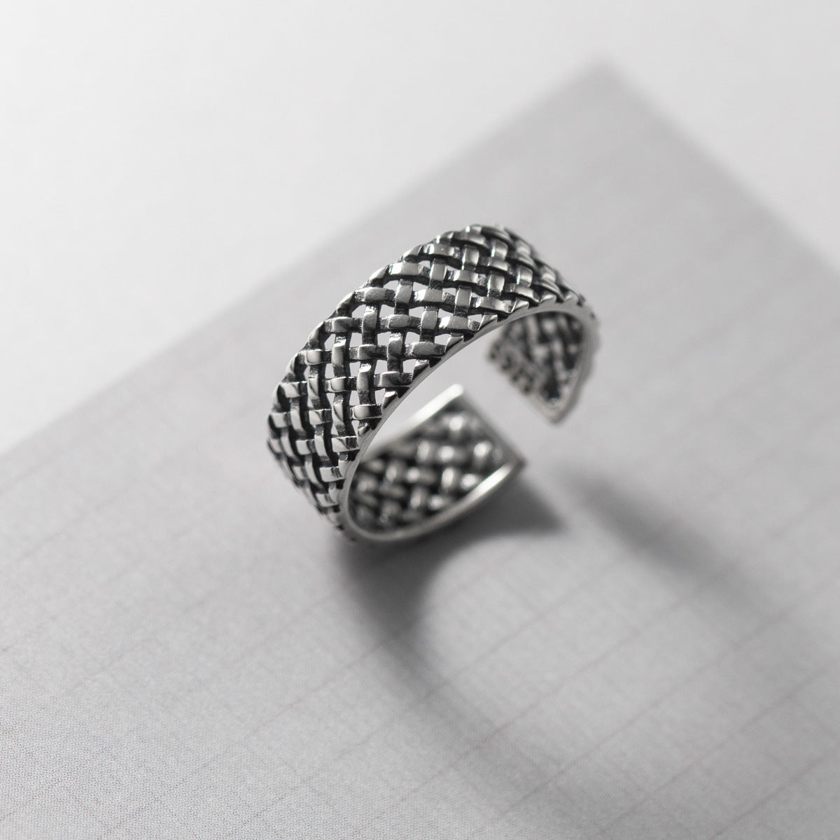 S925 Sterling Silver Plaid Woven Wide Face Ring