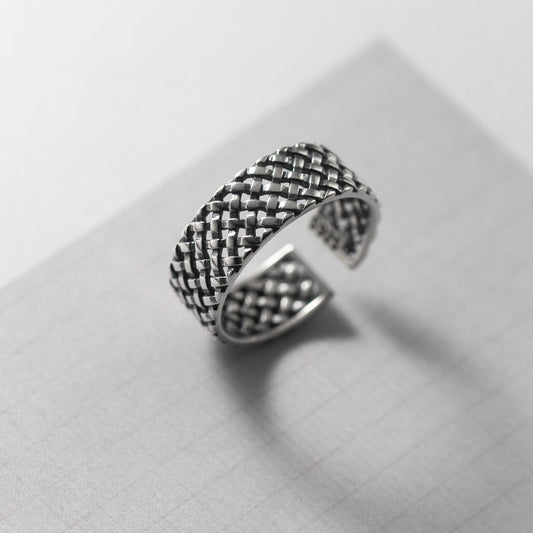 S925 Sterling Silver Plaid Woven Wide Face Ring