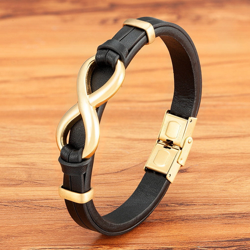 Men's Leather 8-word Stainless Steel Magnetic Snap Leather Bracelet
