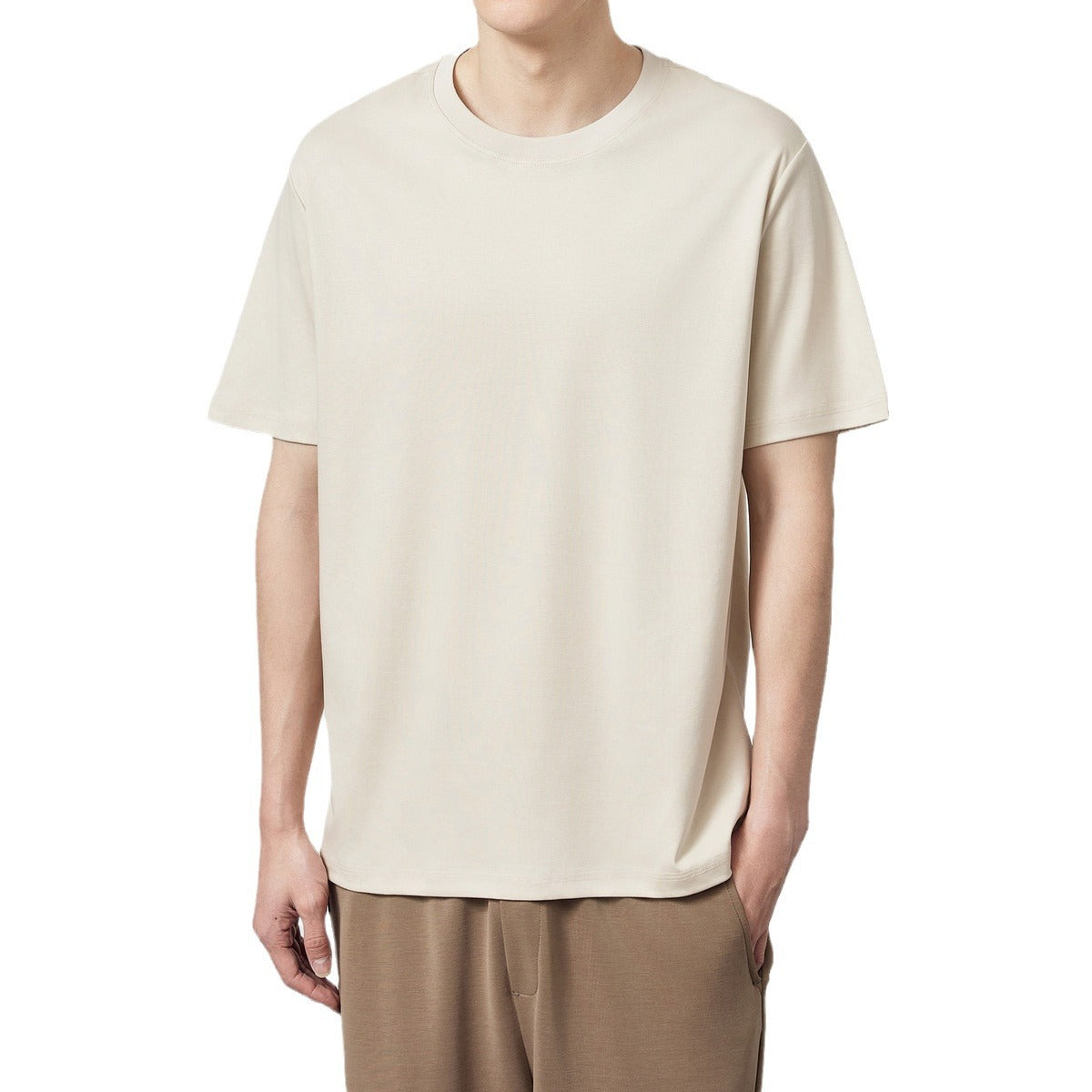 50 Long-staple Cotton Liquid Ammonia Short Sleeve Simple Solid Color Round Neck