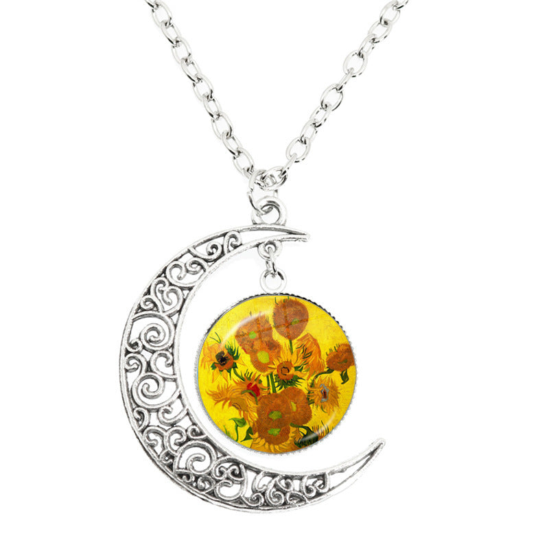 Van Gogh Starry Night Painting Moon Necklace Glass Round
