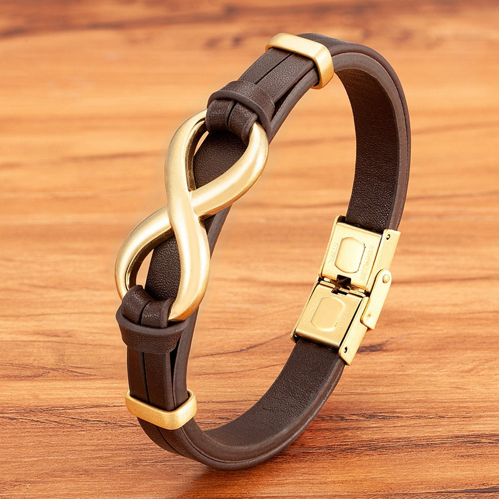 Men's Leather 8-word Stainless Steel Magnetic Snap Leather Bracelet