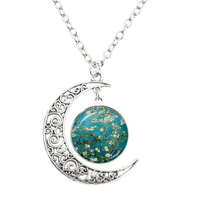 Van Gogh Starry Night Painting Moon Necklace Glass Round