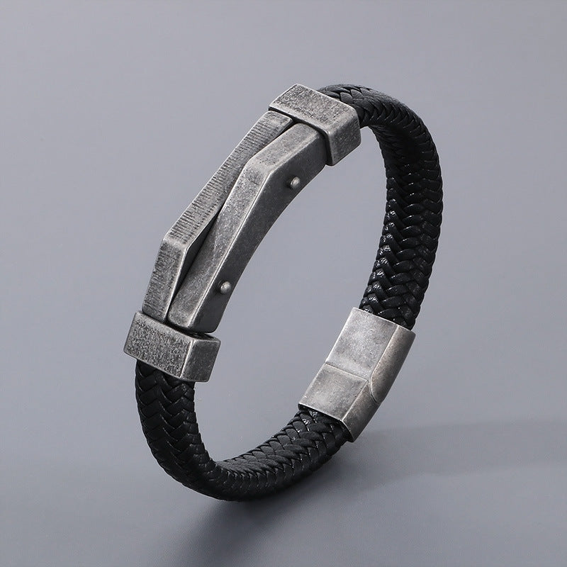 Bracelet en cuir géométrique en acier inoxydable pour hommes, personnalité de la mode