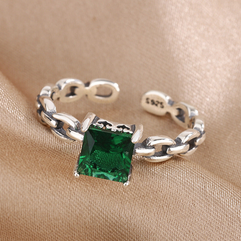 Anillo de gema con apertura torcida de estilo frío personalizado de plata de ley con cadena Vintage de moda Ins