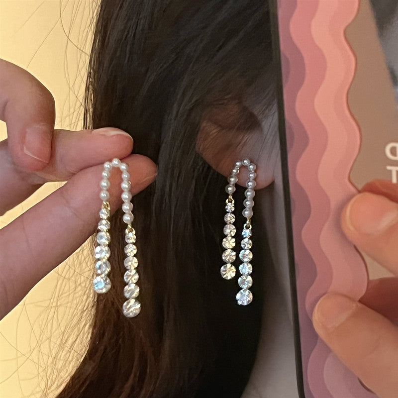 Pendientes de borla con diamantes de imitación y perlas de aguja, aretes ligeros de lujo con circonita, elegantes, con costura de celebridades de Internet