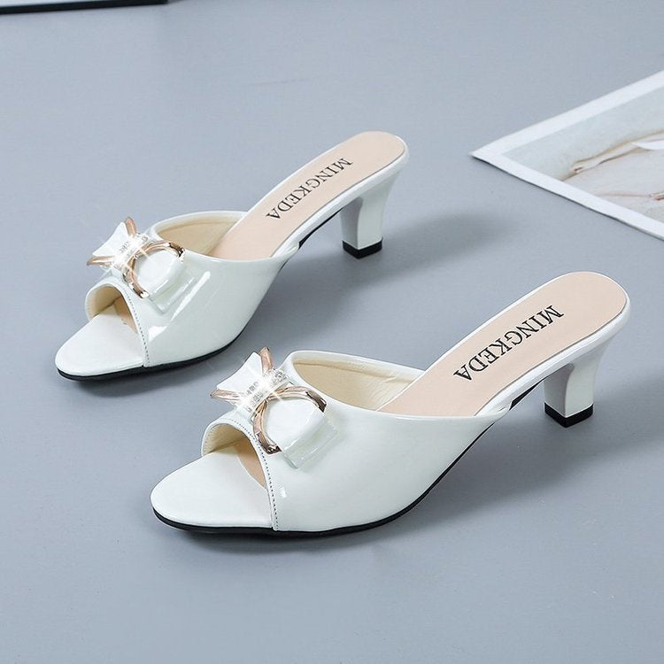 Summer New Stiletto Mid-heel Fish Mouth Bow Word Women's Slippers