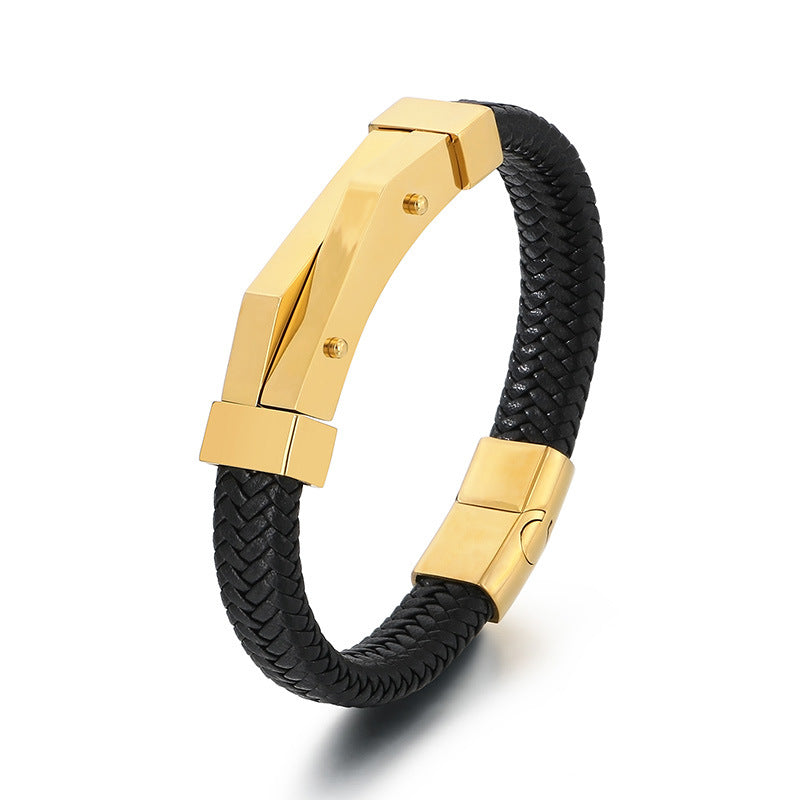 Bracelet en cuir géométrique en acier inoxydable pour hommes, personnalité de la mode