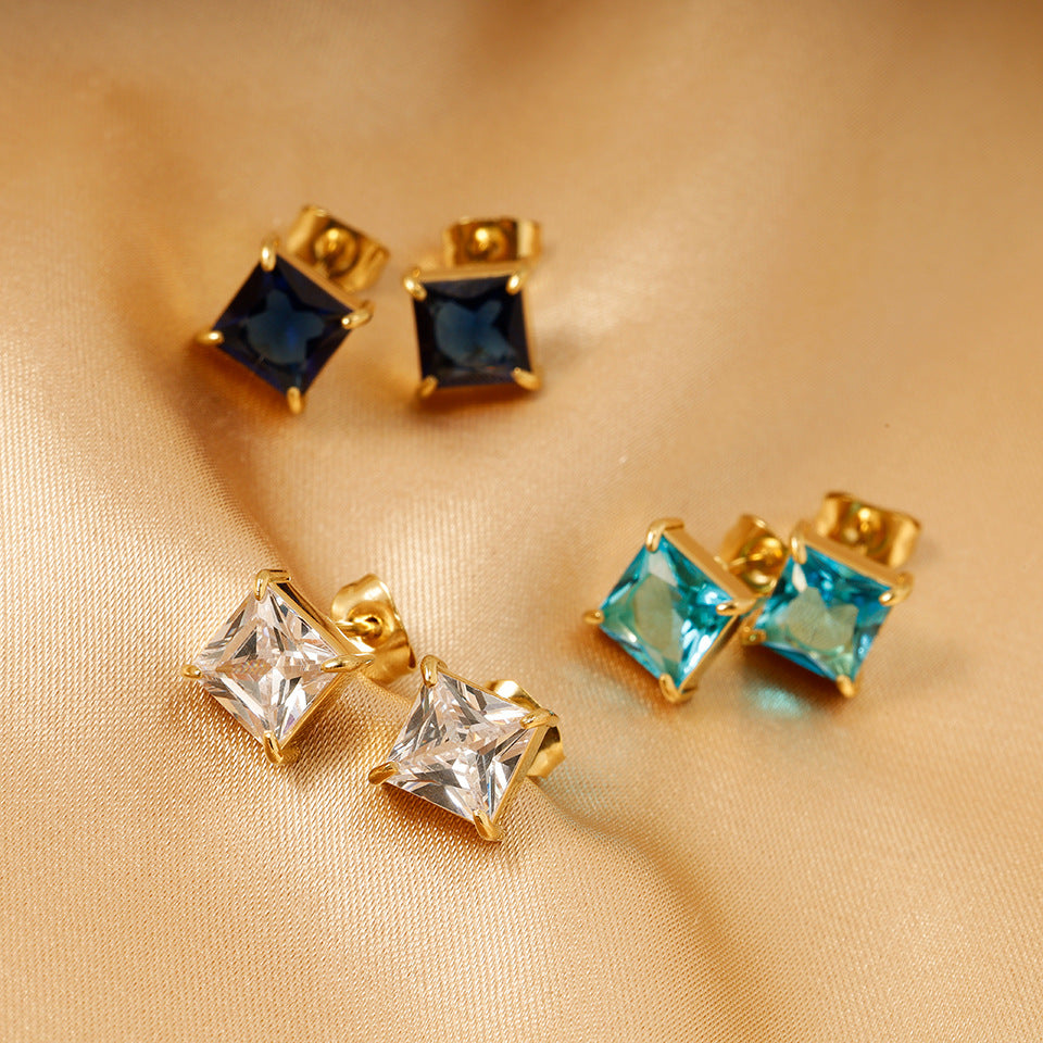 New Simple Titanium Steel 14K Gold Four Claw Inlaid Stone Square Diamond Small Ear Studs