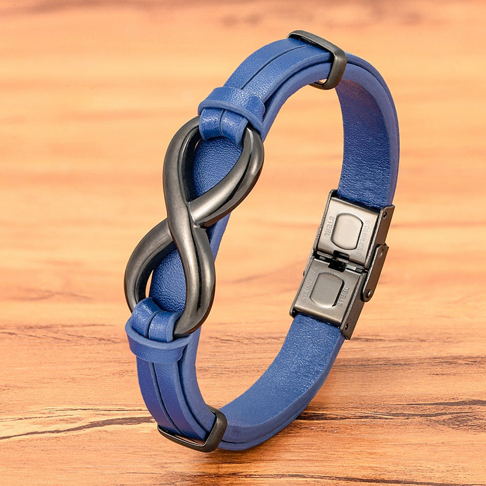 Men's Leather 8-word Stainless Steel Magnetic Snap Leather Bracelet