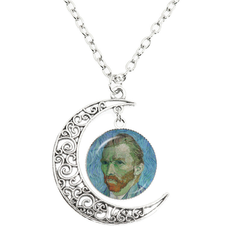 Van Gogh Starry Night Painting Moon Necklace Glass Round