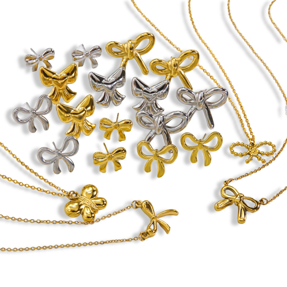 Bow Stainless Steel 14K Gold Earrings Necklace