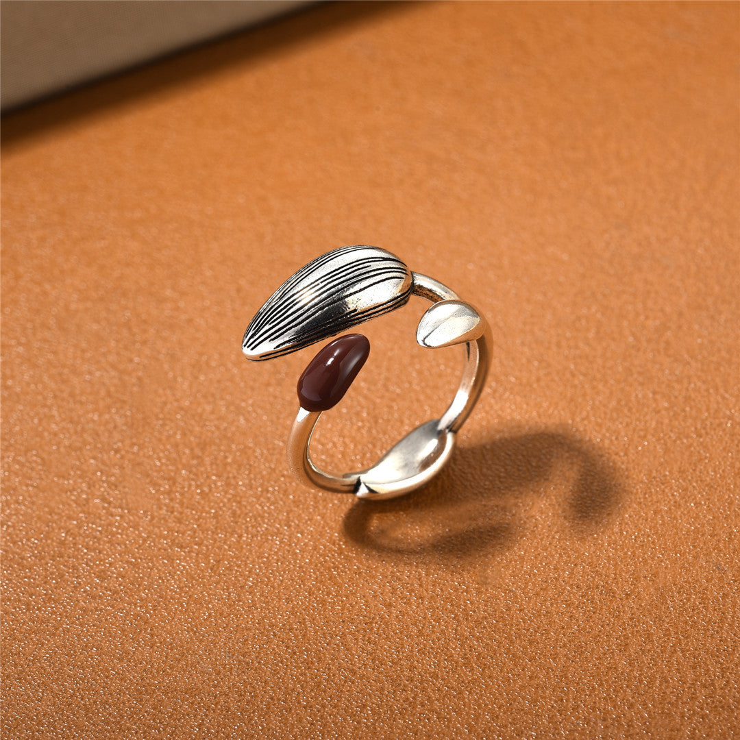 Personality Trend Copper-plated Gold Color Matching Dark Red Drip Glazed Adjustable Ring For Women