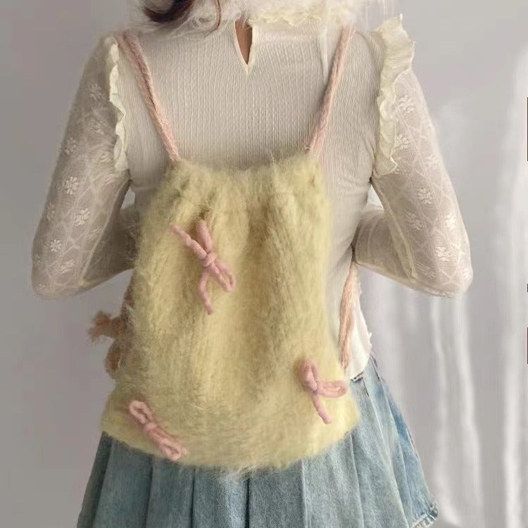 Sac à dos avec cordon de serrage, sac en tissu à fourrure avec nœud papillon, jaune tendre pour dames