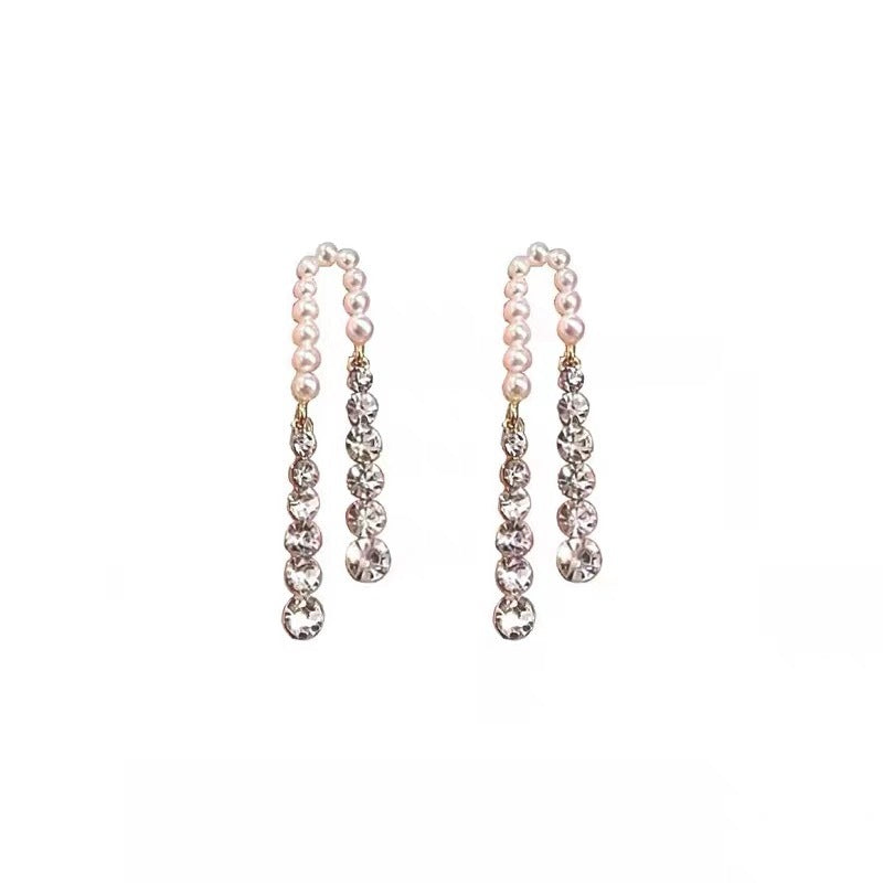 Pendientes de borla con diamantes de imitación y perlas de aguja, aretes ligeros de lujo con circonita, elegantes, con costura de celebridades de Internet