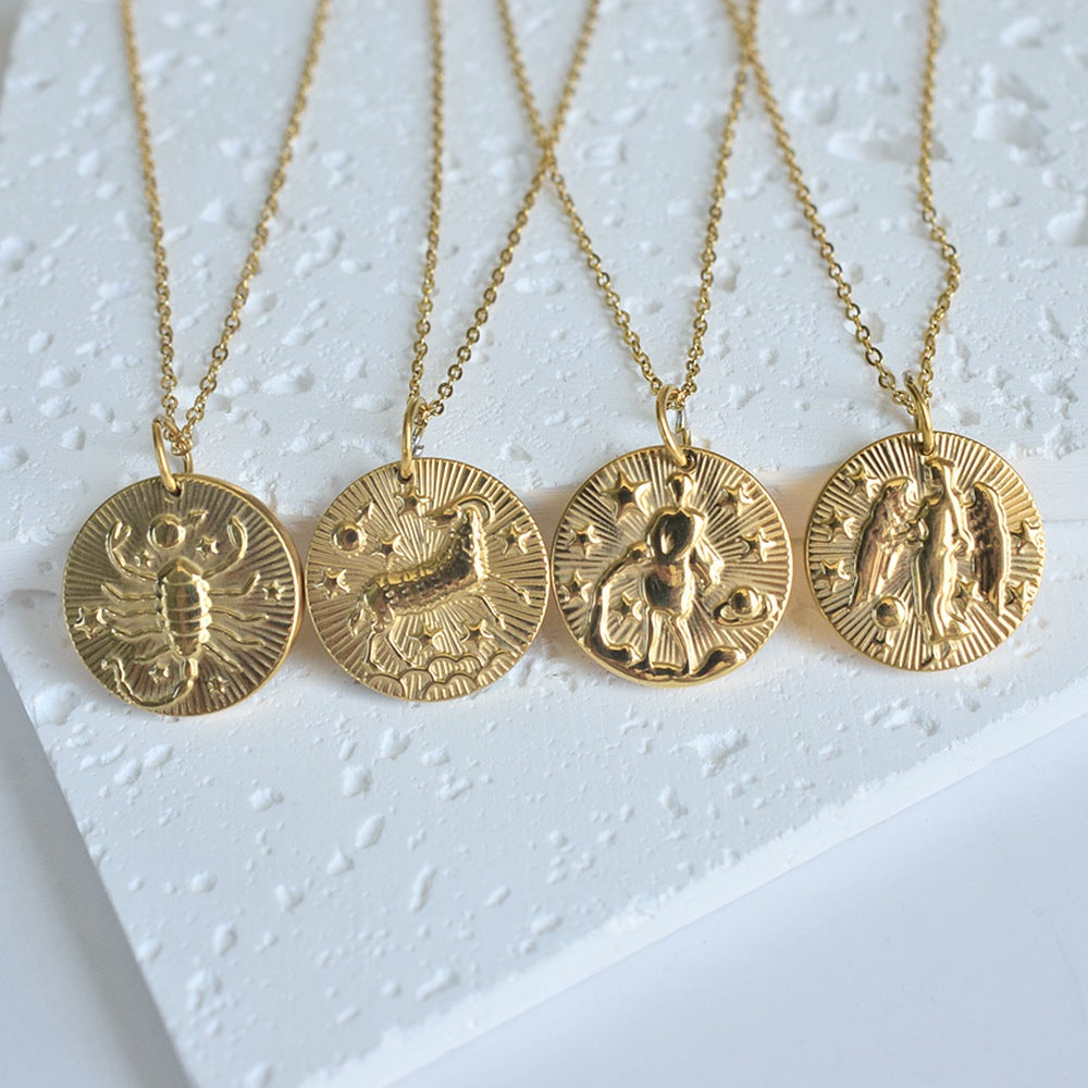 Collier de pièces de monnaie à douze constellations en relief de niche européenne et américaine