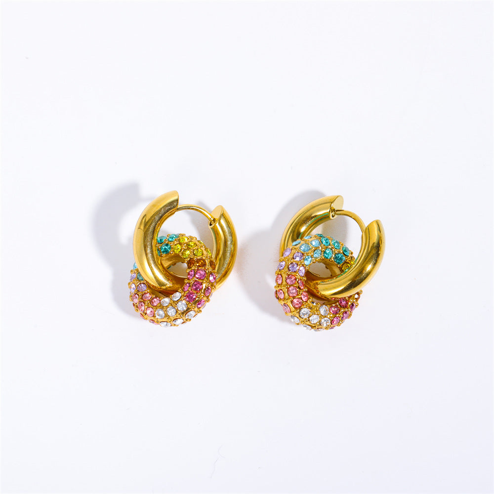 Rhinestone Earrings Ear Clip Stainless Steel Colorful Full Diamond